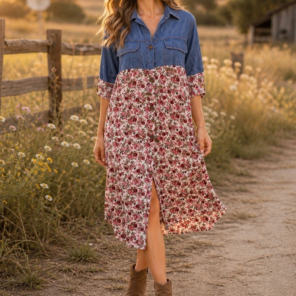 Tofisa Women Denim Floral Mixed Media Button Up Tunic Dress Long Sleeve